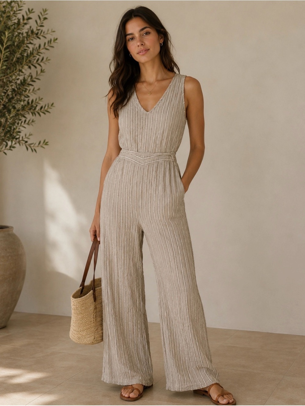 DREW Beige Striped Jumpsuit